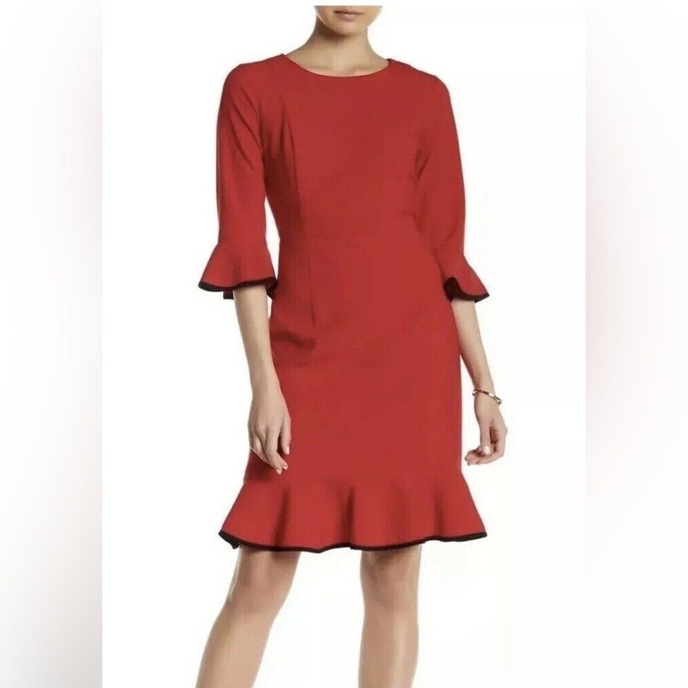 Nanette Lepore size 10‎ 3/4 flutter sleeves black trim knee length sheath dress